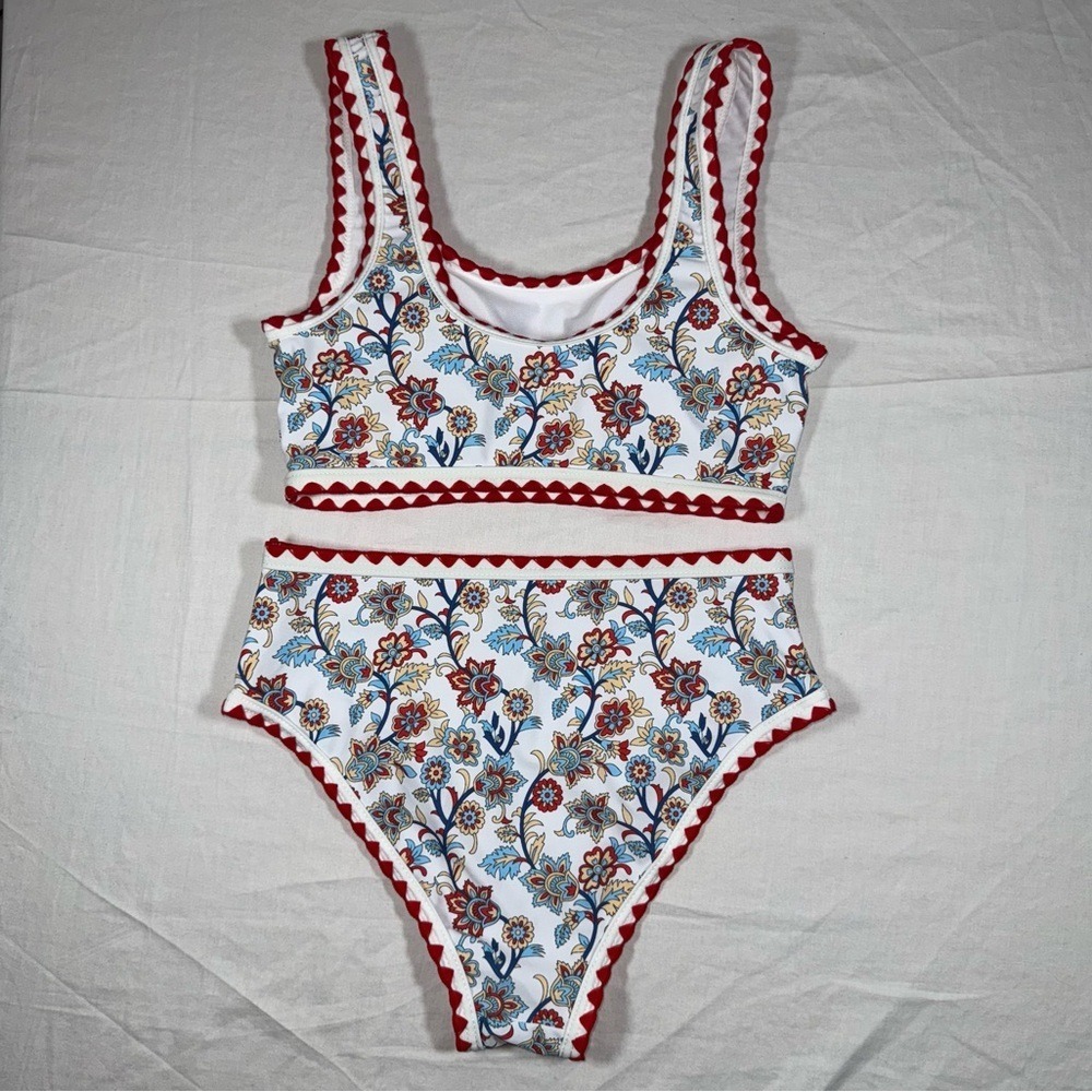 Floral Paisley Ric-Rac Trim High Waisted Bikini Set XS Red White Blue Swimsuit - Picture 8 of 8